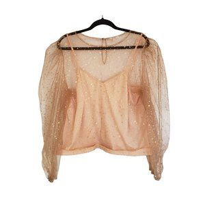 Peach Blouse size 3X sheer balloon sleeve blush gold star print